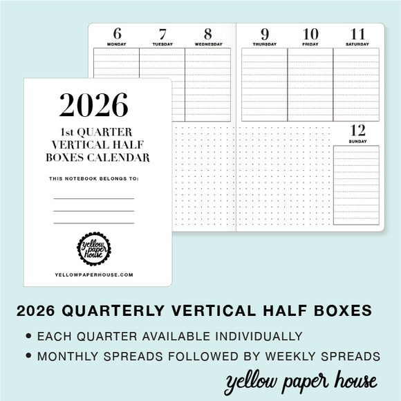 TRAVELERS NOTEBOOK INSERT - 2026 QUARTERLY VERTICAL HALF BOX DATED CALENDARS